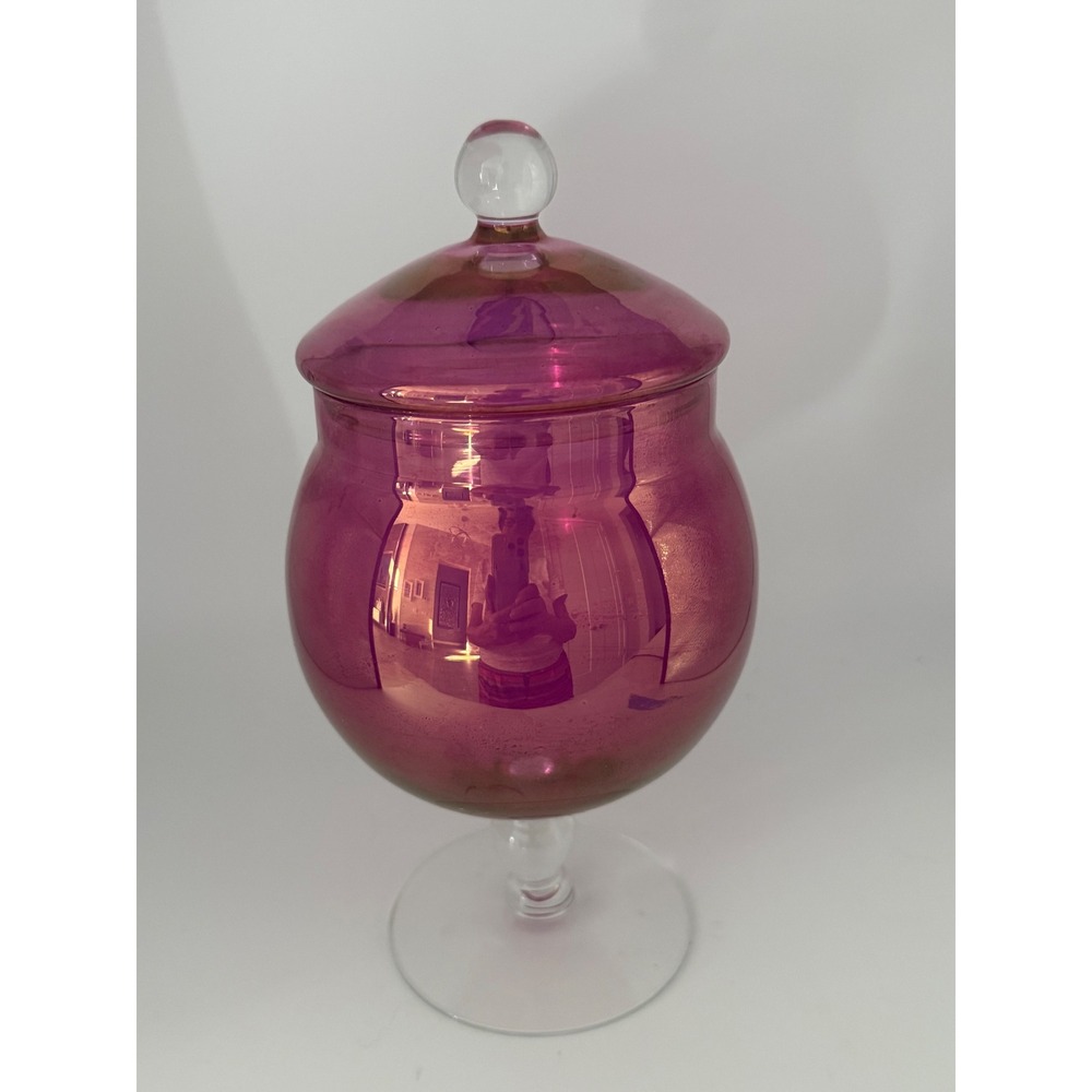 Vintage Iridescent Cranberry Glass Apothecary Jar Footed Candy Dish with Lid